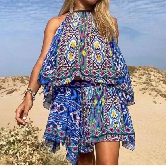 🦋 ZARA BOHO BLUE MULTI ASYMMETRICAL MINI SKIRT! - Picture 5 of 16